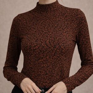 Tahari Rust & Brown Abstract Print Mock Neck Long Sleeve Top XS